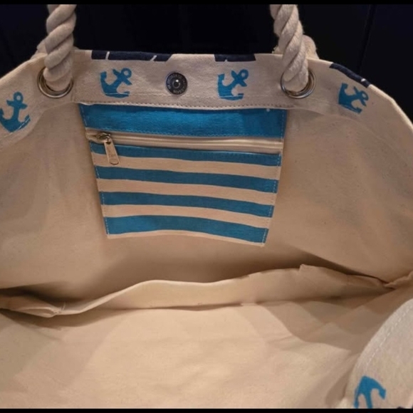 Nautical Anchor Canvas Tote Bag - Blue and Cream - Picture 2 of 3